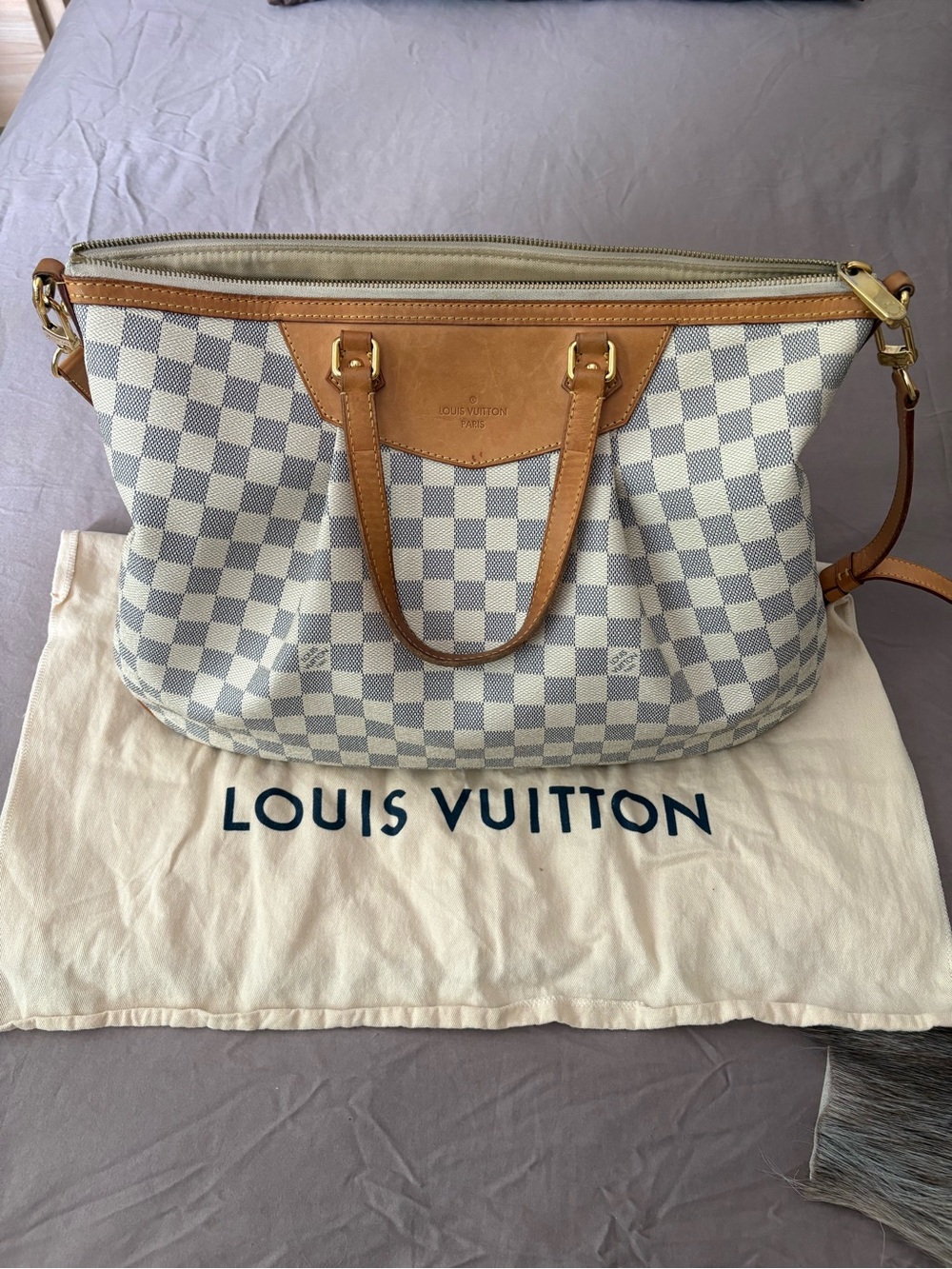 Louis Vuitton Damier Azur Canvas Shoulder Bag with Natural Vachetta Leather